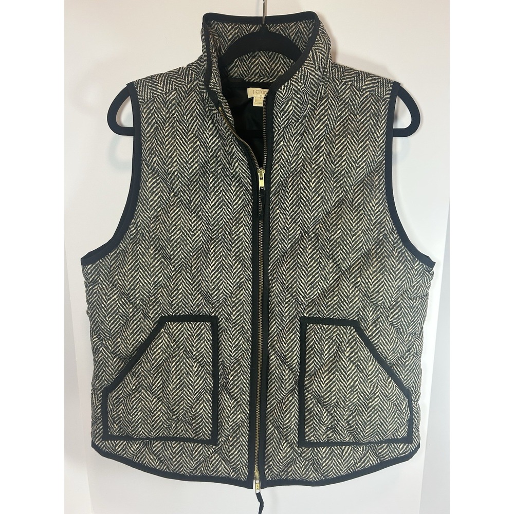 J Crew Mens Quilted Puffer Herringbone Vest Black trim Polyester Full ZipSize L - Picture 1 of 8